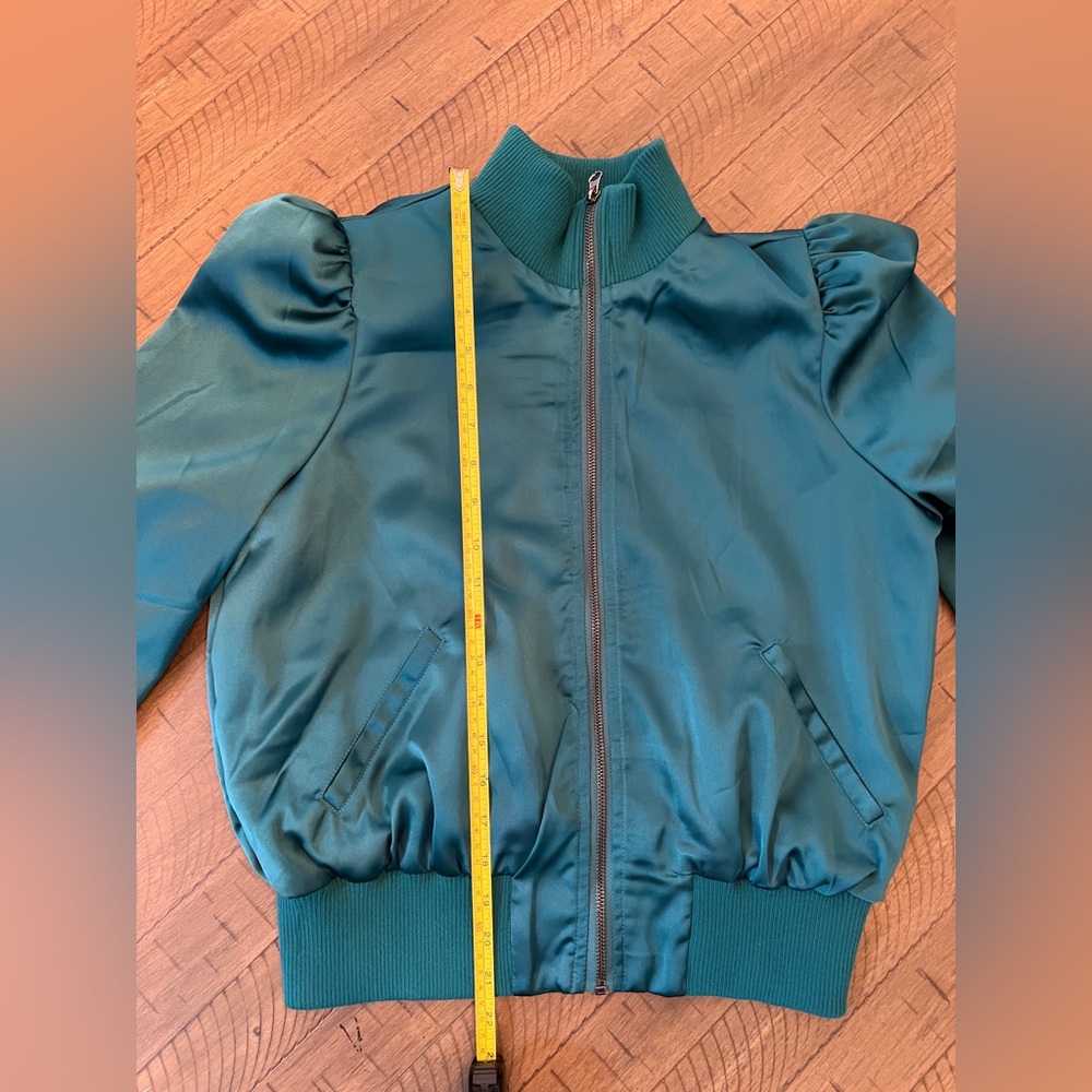 Marled Satin Teal Cropped Bomber Jacket Size Small LIKE NEW - Picture 5 of 8